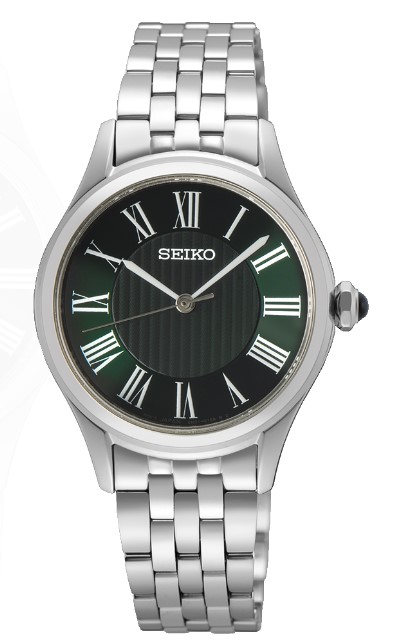 Seiko stainless steel Essentials Green dial with roman numberals bracelet watch