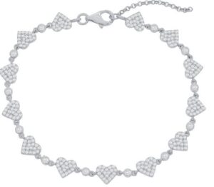 Sterling Silver pave cubic zirconia puffed heart bracelet with claw catch 7"+1"