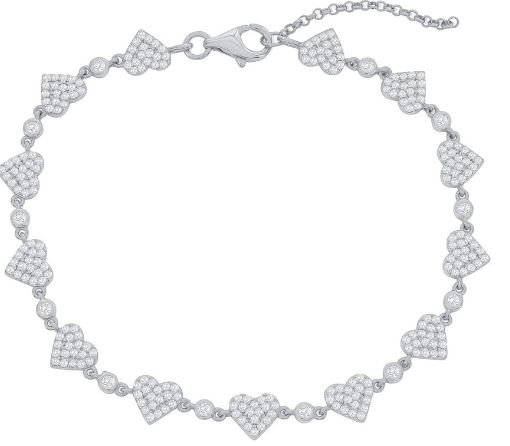 t .jpg Sterling Silver pave cubic zirconia puffed heart bracelet with claw catch 7"+1"