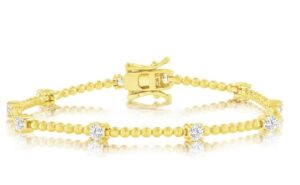 Sterling Silver, Round Cubic Zirconia & Beaded Bracelet - Gold Plated 7"
