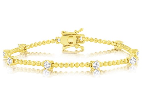 Sterling Silver, Round Cubic Zirconia & Beaded Bracelet - Gold Plated 7"