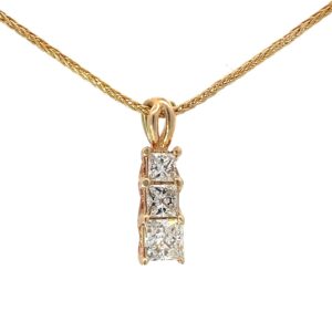 14kt yellow gold 3 stone princess cut diamond pendant total weight 0.71pts SI3 clarity, h color
