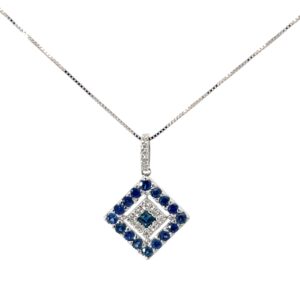 14kt white gold diamond and sapphire square pendant on 18" adjustable box chain