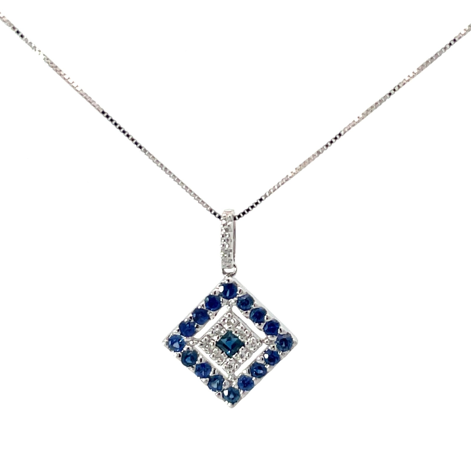 vdg SNT .jpg 14kt white gold diamond and sapphire square pendant on 18" adjustable box chain
