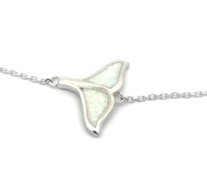 Sterling Silver created white opal whale/dolphin tail on adjus chain bracelet