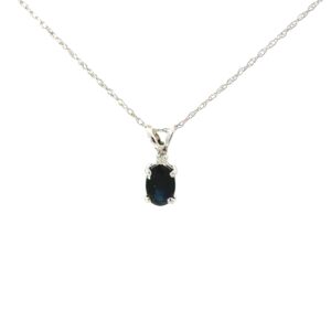 10kt white gold sapphire and diamond pendant on machine made rope 18" Dtw 0.01cts
