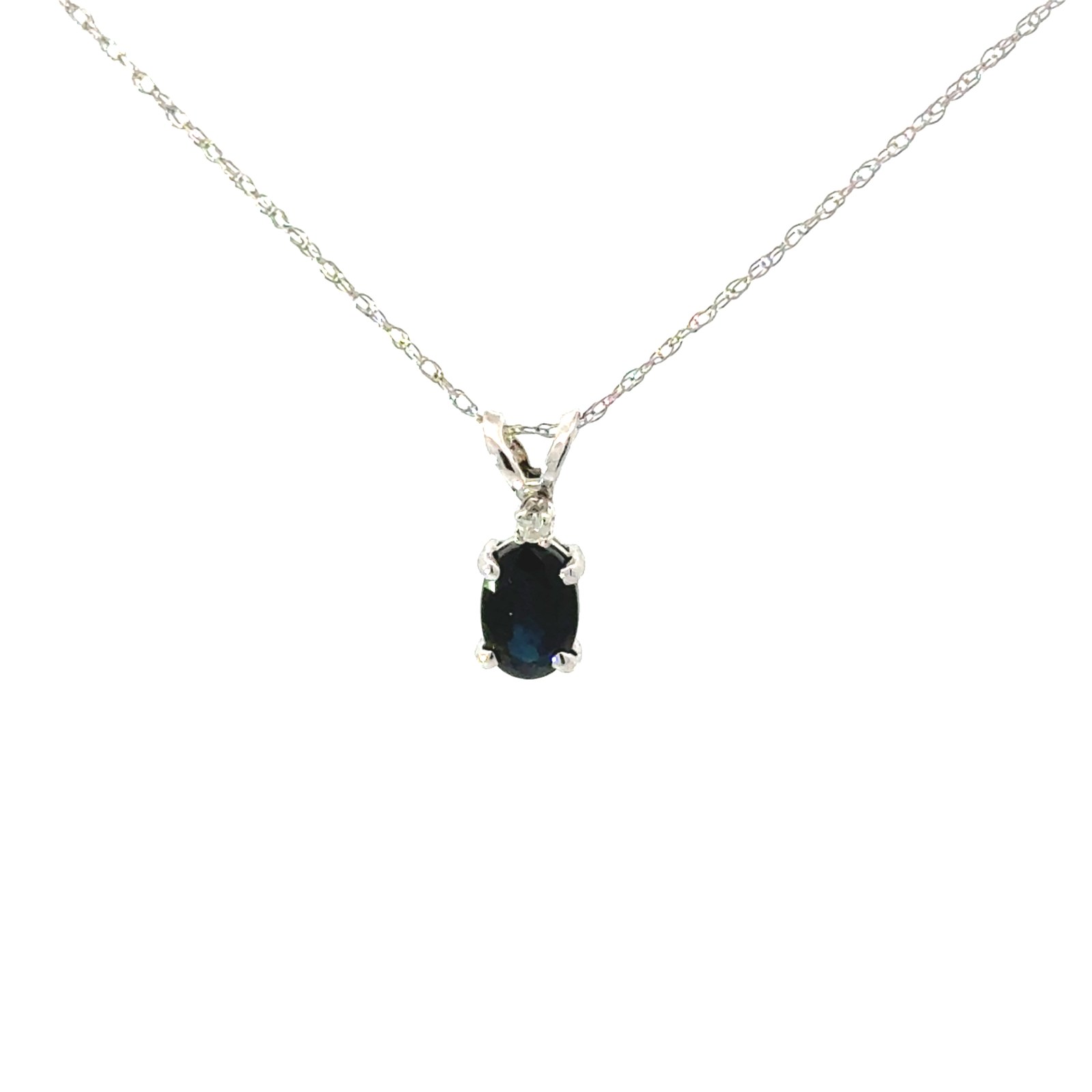 xpd .jpg 10kt white gold sapphire and diamond pendant on machine made rope 18" Dtw 0.01cts