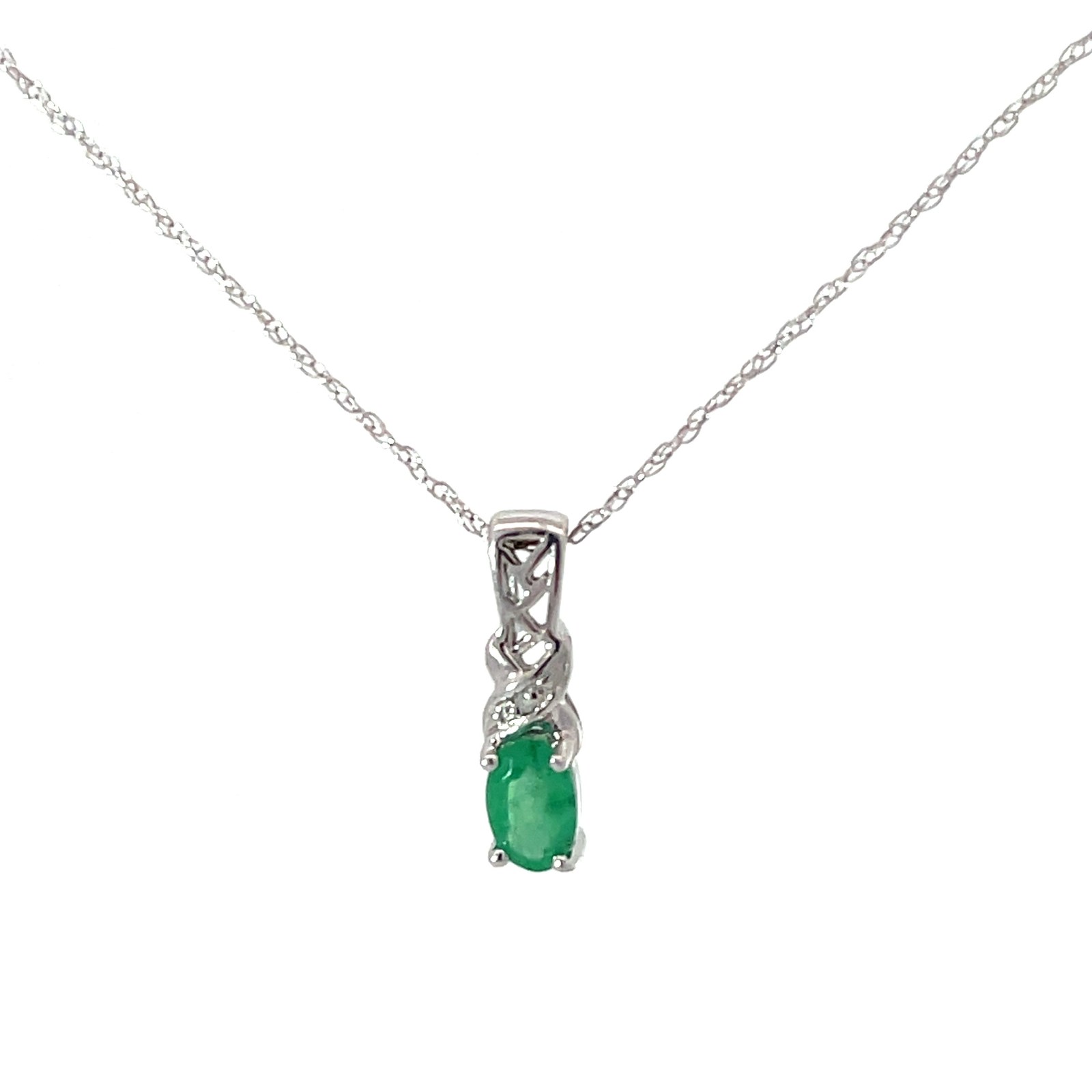 xpd 10kt white gold genuine emerald and diamond oval pendant 18" tw 0.01cts