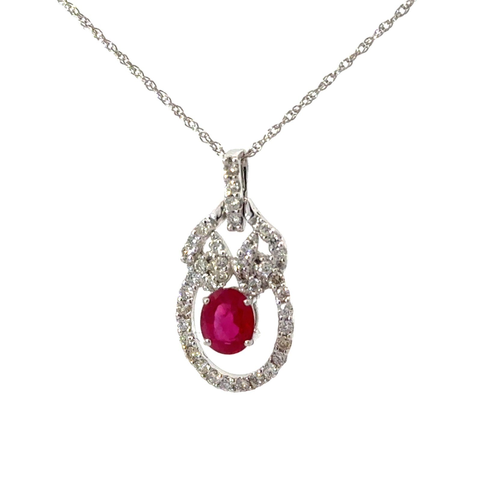 xpj .jpg 14kt white gold diamond and ruby fashion pendant D tw 0.23cts SI2, I R tw 0.60cts