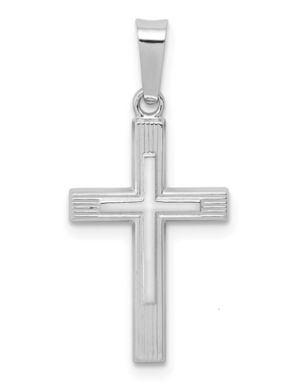 14kt white gold rhodium plated high polished engine turn cross charm