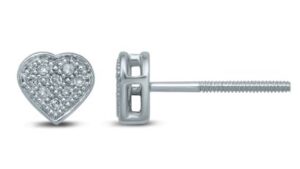 10KT WHITE GOLD DIAMOND CLUSTER HEART EARRINGS WITH SCREW BACKS 16 RD DIAMONDS TW 0.05 PTS