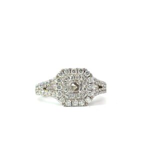 14kt white gold double halo cushion shape diamond semi mount D tw 0.89cts VS2 clarity, colorless F/G color with fancy underbezel