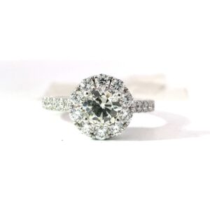 18kt white gold diamond round halo eng ring C tw 0.70cts VS2, J tw 1 3/8cts VS2, G