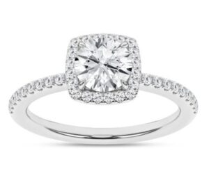 14kt wg IGI certified Lab Grown Diamond Cushion shape halo Eng Ring C tw 1.00cts tw 1.23cts VS, E/F