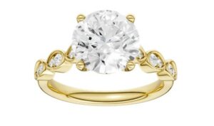 14kt yellow gold IGI certified lab grown C tw 2.53cts VS, F trellis enagement ring tw 2.71cts VS, E/F