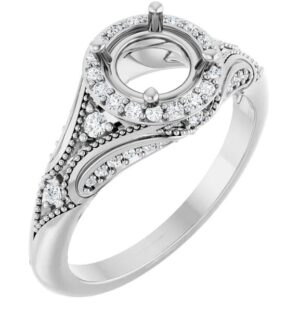 14kt w/g diamond vintage inspired semi mount round halo eng ring D tw 1/4ct SI2, near colorless G/H