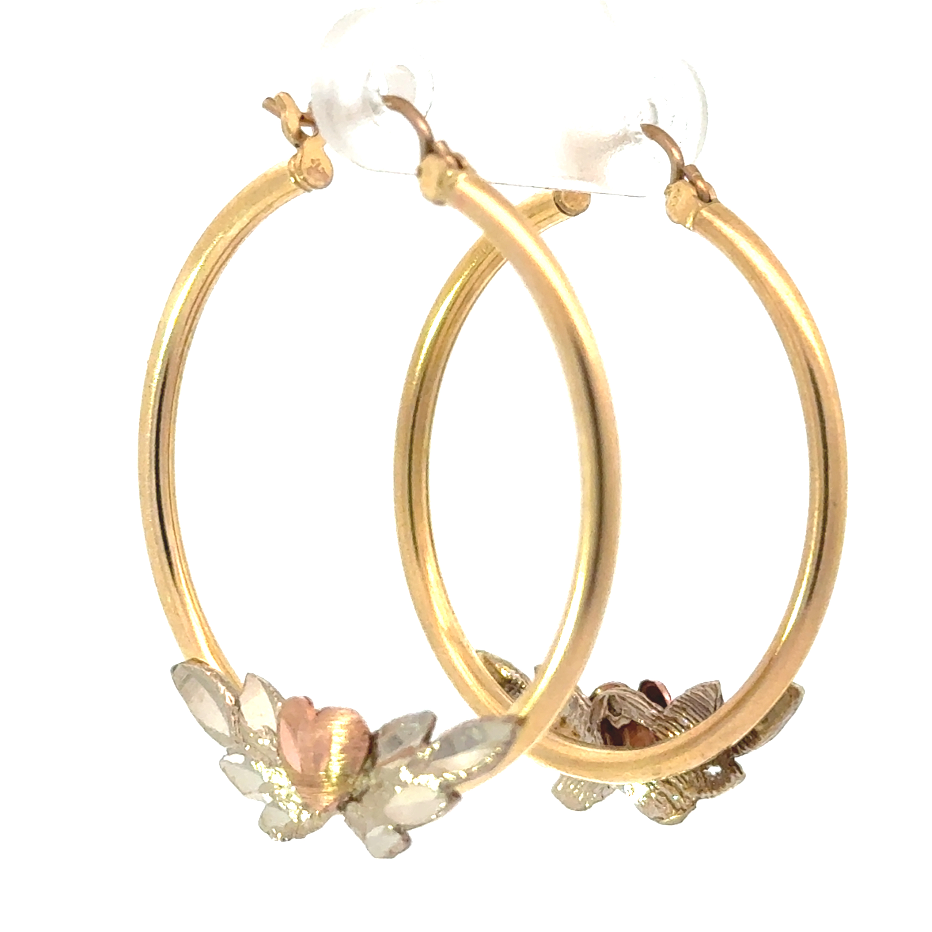 f .jpg 14kt trio colored heart hoop earring diamond cut