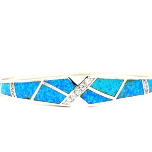 Sterling Silver created blue opal and cz X bangle bracelet rhod plated