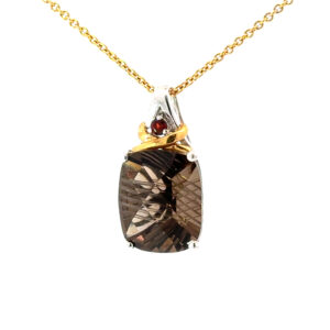 18KT 2TONE PEND WITH SMOKY QUARTZ /RHODOLITE GARNET FANCY CUT