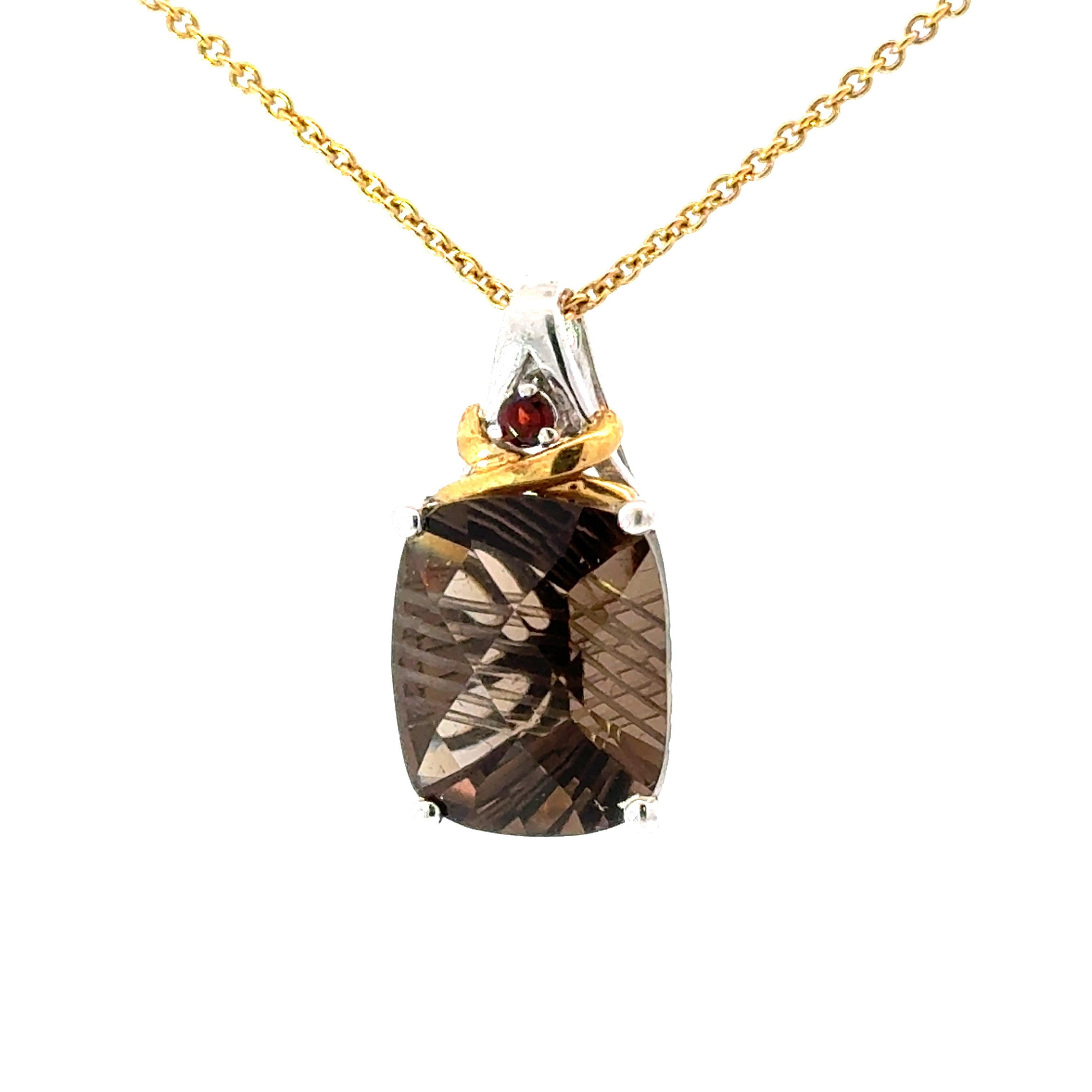 18KT 2TONE PEND WITH SMOKY QUARTZ /RHODOLITE GARNET FANCY CUT