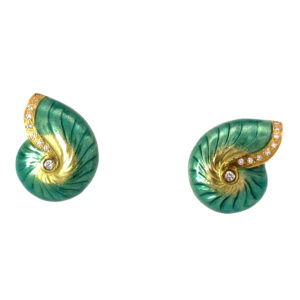 18kt yellow gold teal glass enamel nautilus diamond earring with lever back closure
