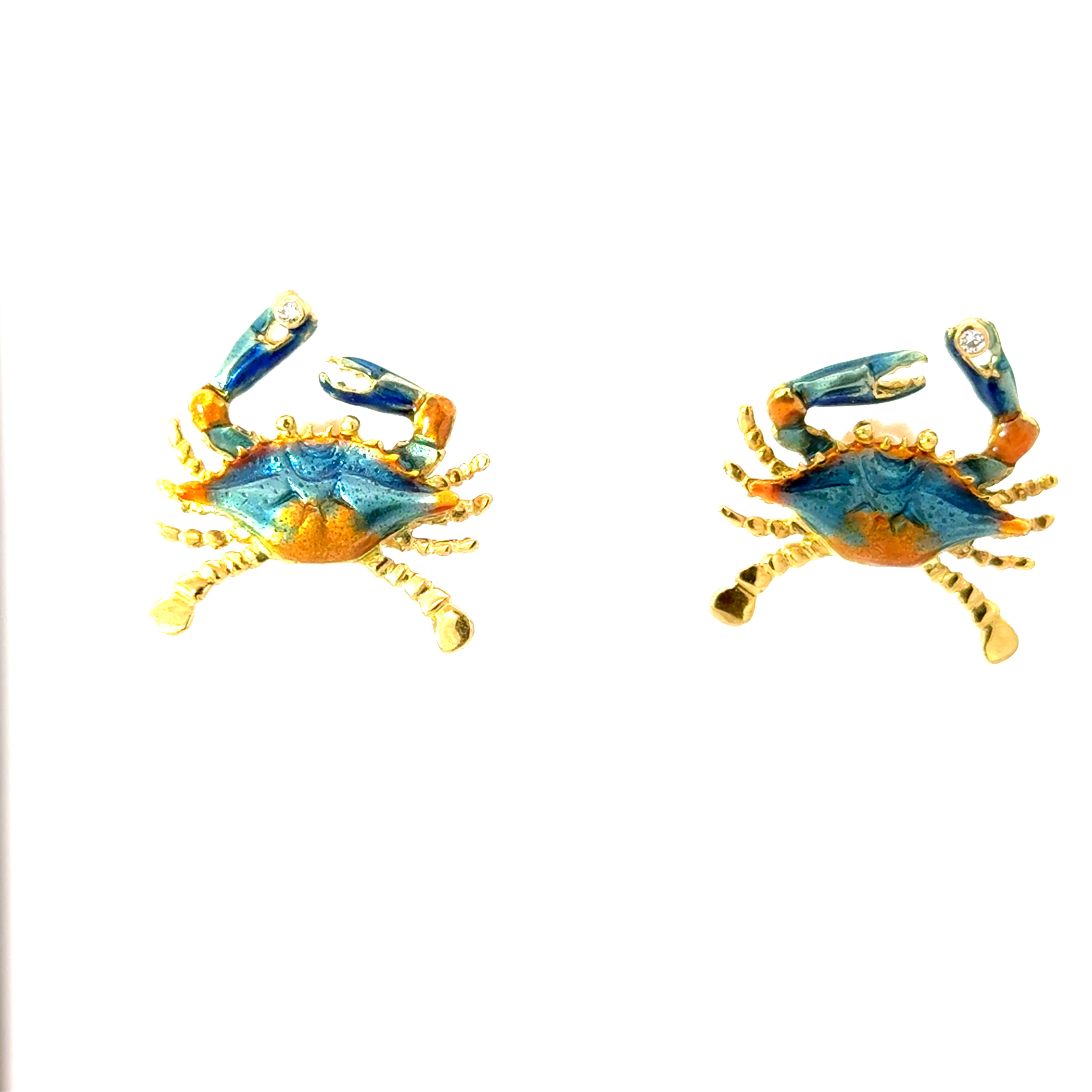 dffd .jpg 18kt yellow gold enamel glass crab earrings with single diamond (friction backs are 14kt yg)