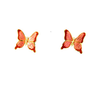 18kt yellow gold peach glass enamel butterfly diamond stud earring (14kt yellow gold friction backs)