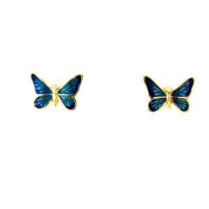 18kt yellow gold blue glass enamel butterfly diamond stud earring (14kt yellow gold friction backs)