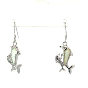 Sterling silver rhodium plated double dolphin dangle earring with created white opal inlay and cubic zirconia eyes