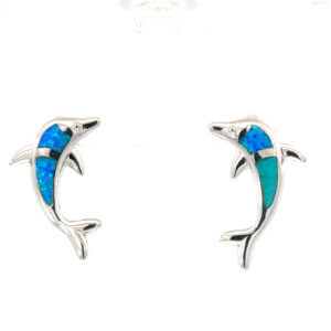 Sterling Silver rhodium plated created blue opal inlay dolphin earring