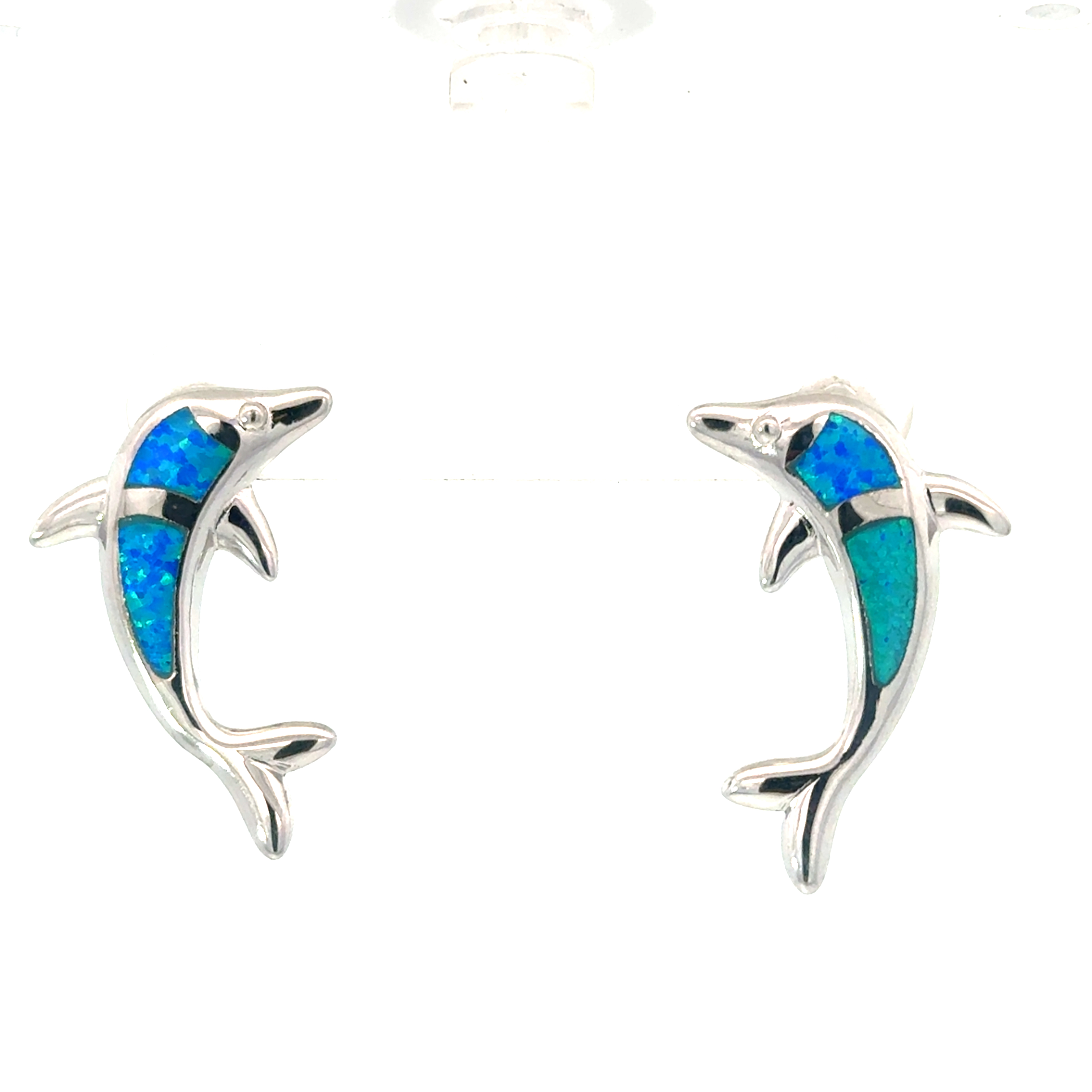 ddfc .jpg Sterling Silver rhodium plated created blue opal inlay dolphin earring
