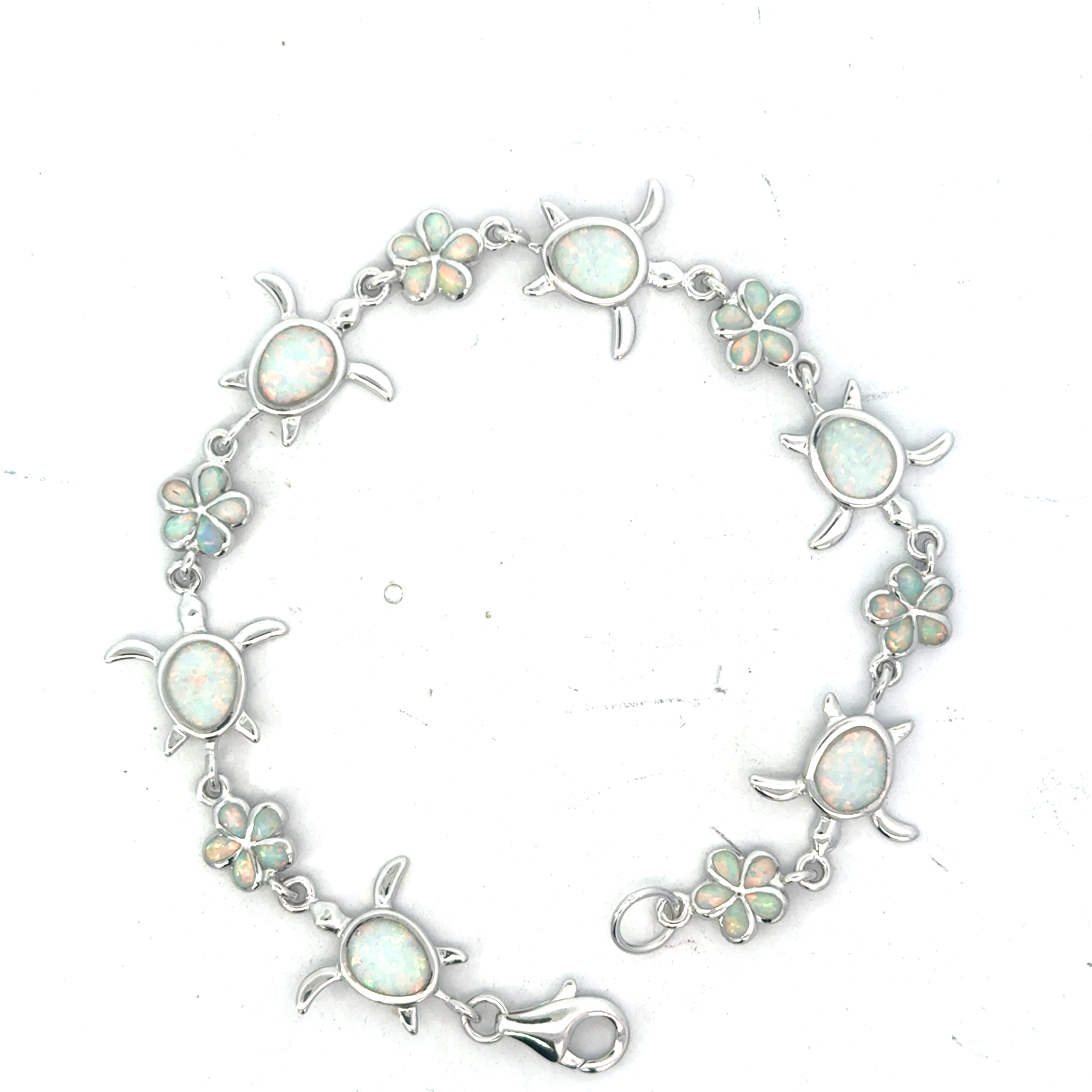 fe .jpg sterling silver created white opal flower and turtle bracelet