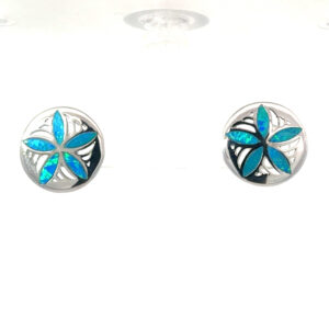 Sterling Silver Rhodium plated created blue opal sanddollar stud earring