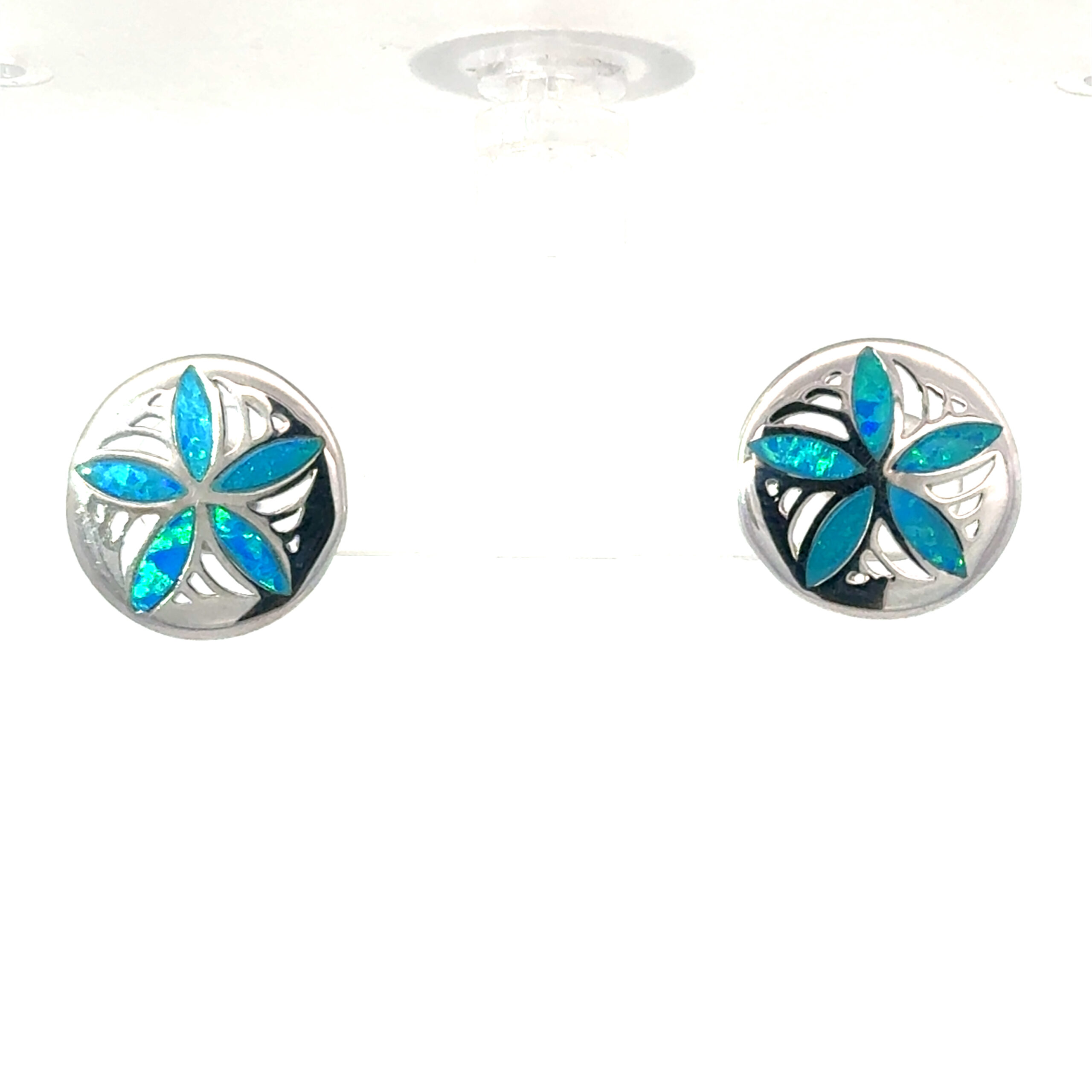 ded scaled .jpg Sterling Silver Rhodium plated created blue opal sanddollar stud earring