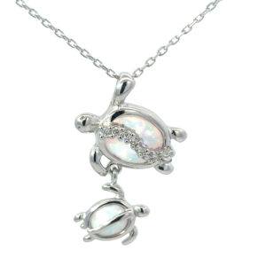 Sterling Silver Rhodium Plated Created White Opal And CZ Double Dangle Turtle Pendant On 1.2mm Diamond Cut Link Chain 18"