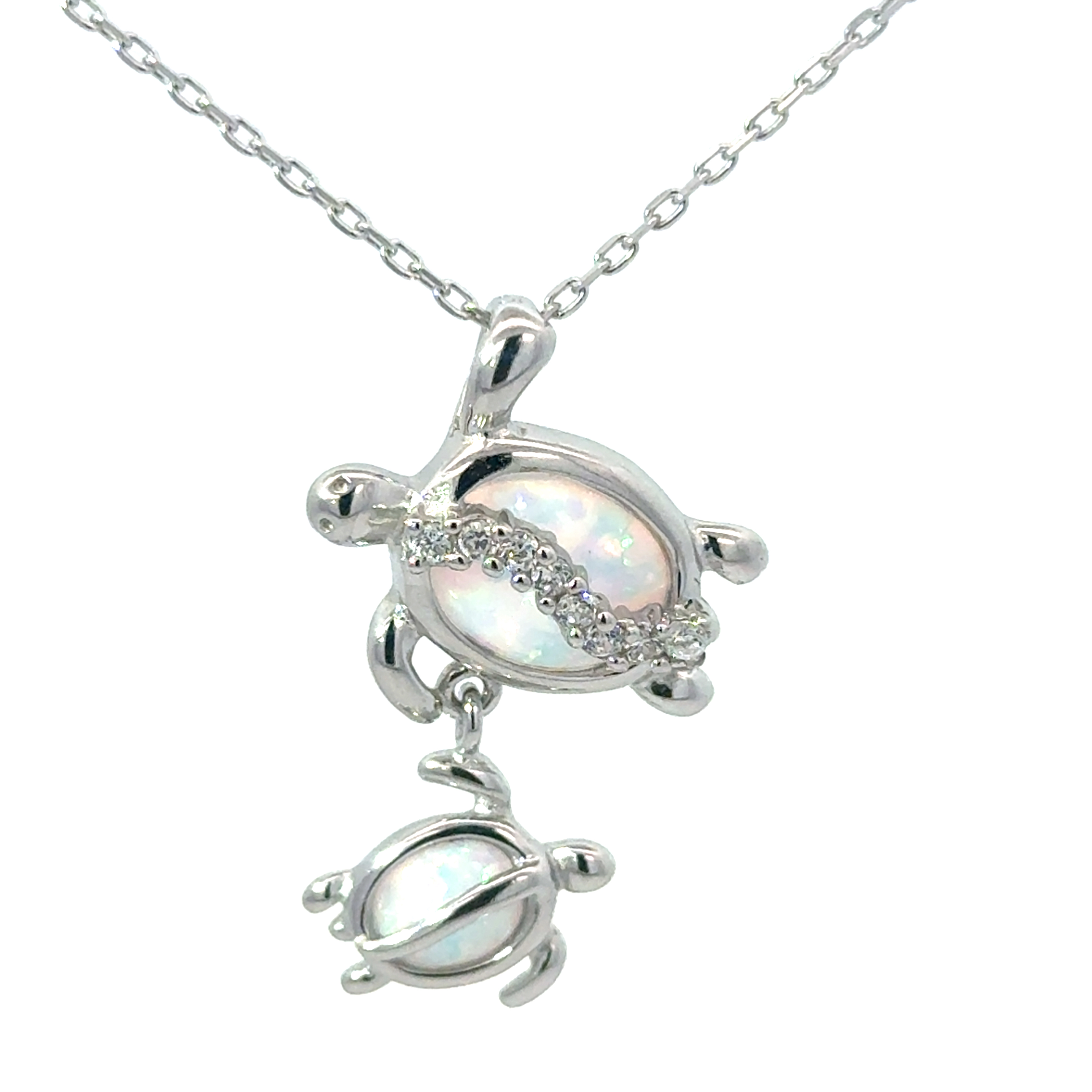 ffe .jpg Sterling Silver Rhodium Plated Created White Opal And CZ Double Dangle Turtle Pendant On 1.2mm Diamond Cut Link Chain 18"