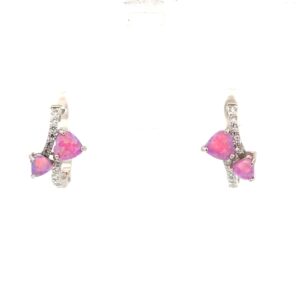 Sterling Silver rhodium plated created pink opal double heart huggie hoop earring