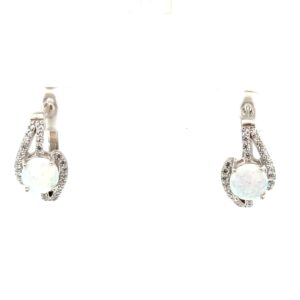Sterling Silver rhodium plated created white opal and cubic zirconia huggie earring