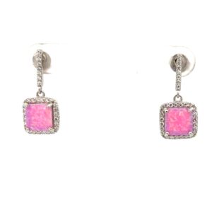 Sterling Silver rhodium plated created pink opal and cubic zirconia dangle cushion earrnigs