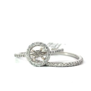 14kt w/g halo rd semi mount with band, 38 rd diamonds, 25 rd diamonds in band tw 0.50 ts SI1 clarity, H color
