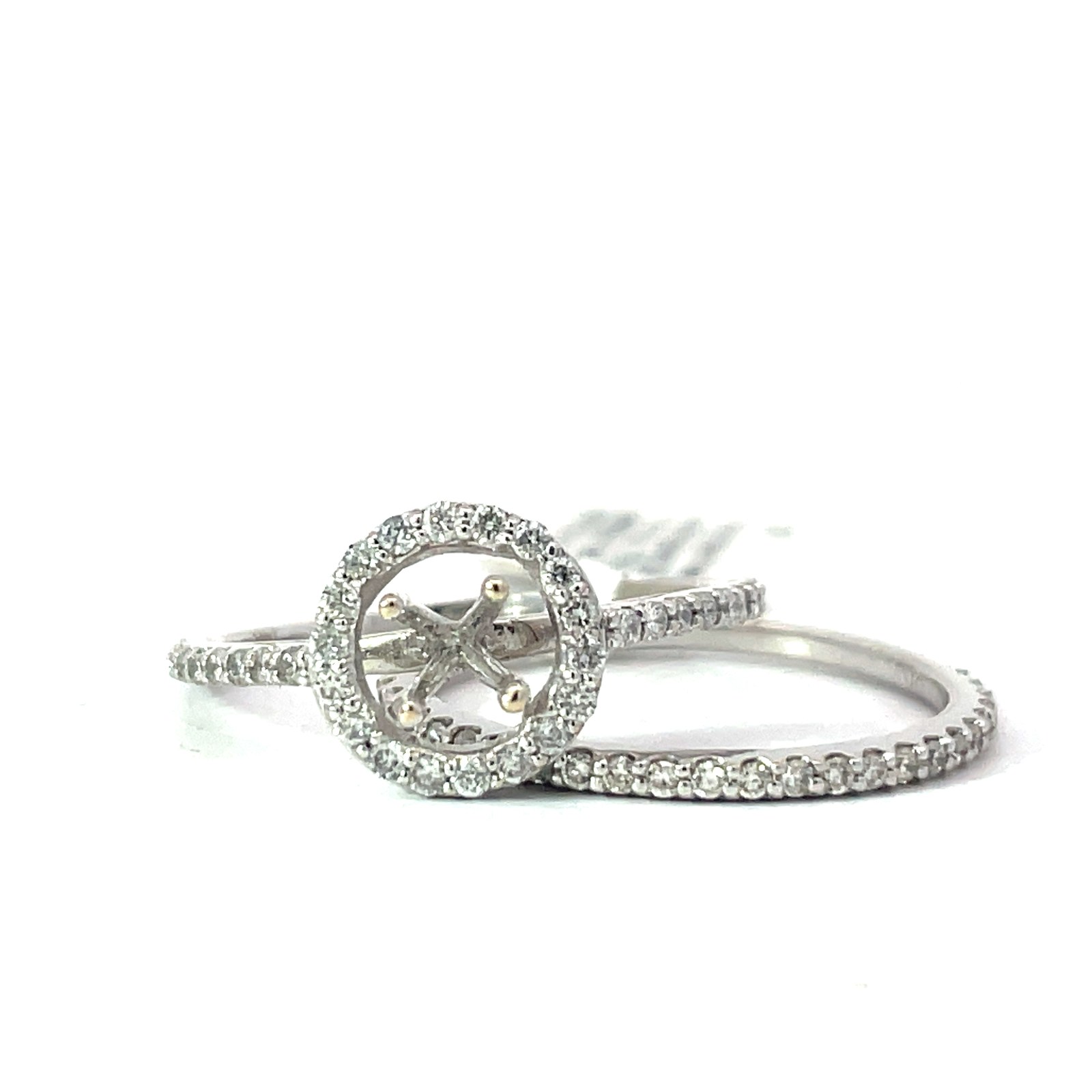 .jpg 14kt w/g halo rd semi mount with band, 38 rd diamonds, 25 rd diamonds in band tw 0.50 ts SI1 clarity, H color