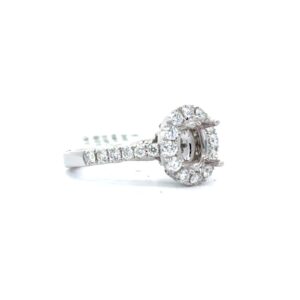 18kt white gold oval halo semi mount fancy underbezel D tw 0.66cts VS2 clarity, colorless F color