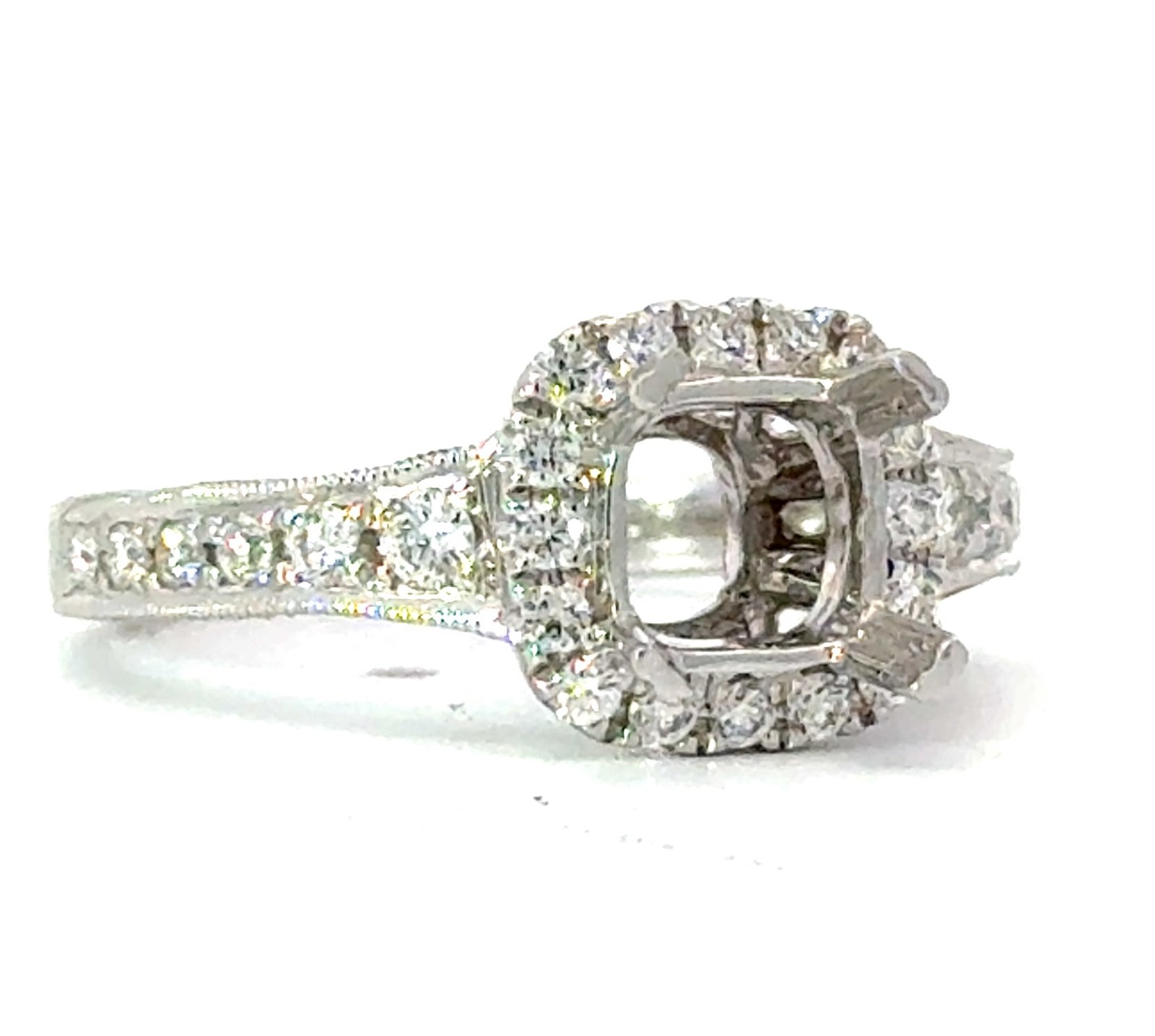 .jpg 14kt white gold cushion halo diamond semi mount with diamond underbezel D tw 0.50cts VS2 clarity, F/G color