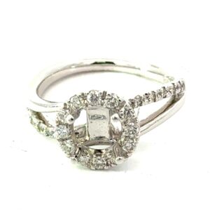 14kt white gold round diamond halo split shank semi mount D tw 0.38cts VS2 clarity, near colorless G/H color