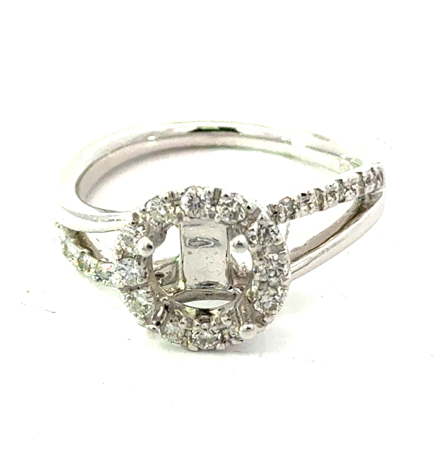 SDMNT .jpg 14kt white gold round diamond halo split shank semi mount D tw 0.38cts VS2 clarity, near colorless G/H color