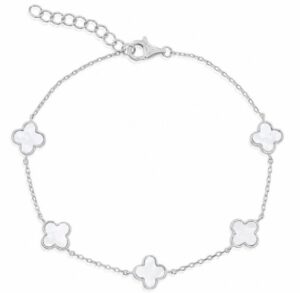 Sterling Silver rhodium plated mother of pearl clover bracelet adjustable 7+1"