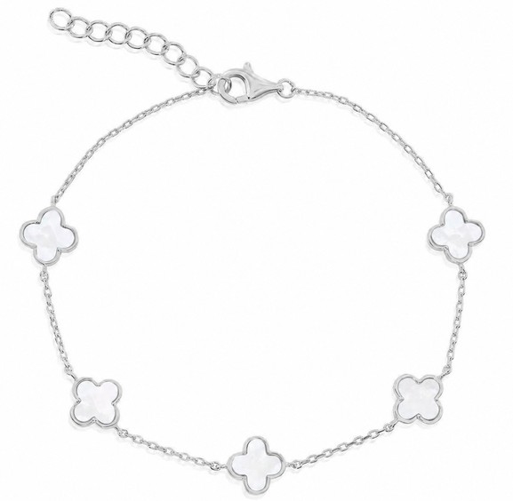 .jpg Sterling Silver rhodium plated mother of pearl clover bracelet adjustable 7+1"