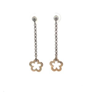 SS 14KT YG FLOWER DANGLE EARRINGS, FLOWER IN 14KT/ CHAIN IN S/S