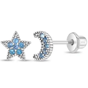 Sterling Silver Blue Cz Star And Moon Studs - Screw Back