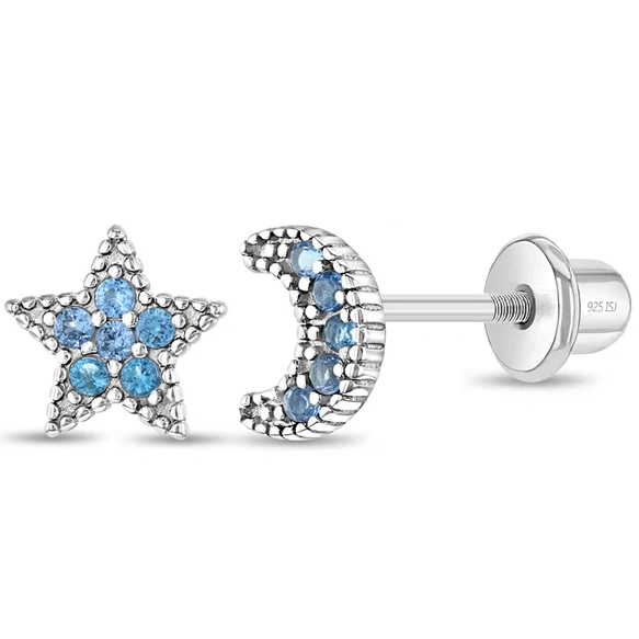 v.webp Sterling Silver Blue Cz Star And Moon Studs - Screw Back